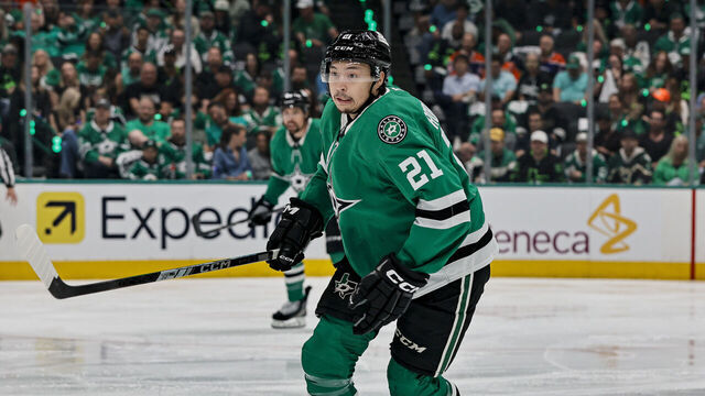 DALLAS, TX - MAY 21: Dallas Stars left wing Jason Robertson (21) chases the puck during game one of the Western Conference Final between the Dallas Stars and the Edmonton Oilers on May 21, 2025 at American Airlines Center in Dallas, Texas.