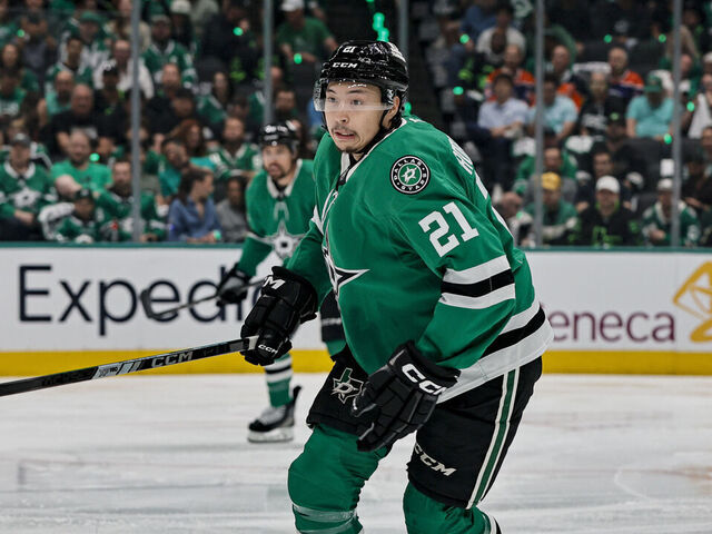 DALLAS, TX - MAY 21: Dallas Stars left wing Jason Robertson (21) chases the puck during game one of the Western Conference Final between the Dallas Stars and the Edmonton Oilers on May 21, 2025 at American Airlines Center in Dallas, Texas.