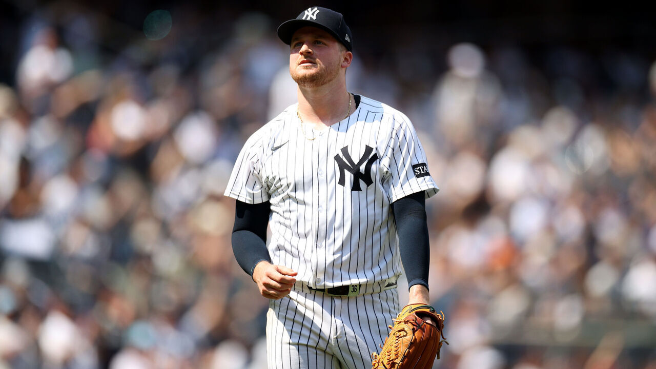 NEW YORK, NEW YORK - JUNE 21: Clarke Schmidt #36 of the New York Yankees walks to the dugout in the eighth inning against the Baltimore Orioles at Yankee Stadium on June 21, 2025 in New York City.