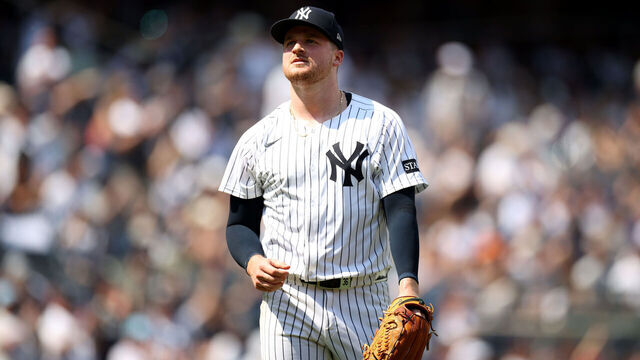 NEW YORK, NEW YORK - JUNE 21: Clarke Schmidt #36 of the New York Yankees walks to the dugout in the eighth inning against the Baltimore Orioles at Yankee Stadium on June 21, 2025 in New York City.