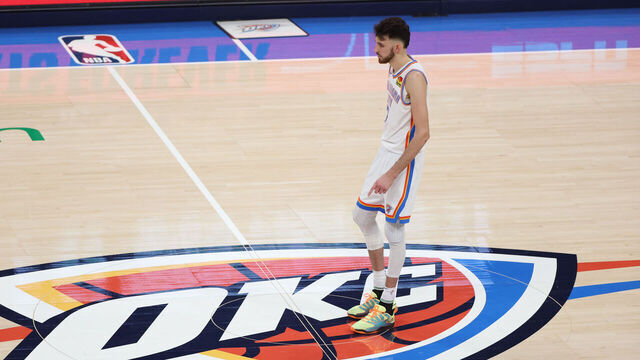 OKLAHOMA CITY, OK - JUNE 16: Chet Holmgren #7 of the Oklahoma City Thunder looks on during the game against the Indiana Pacers during Game 5 of the 2025 NBA Finals on June 16, 2025 at Paycom Center in Oklahoma City, Oklahoma. Mandatory Copyright Notice: Copyright 2025 NBAE