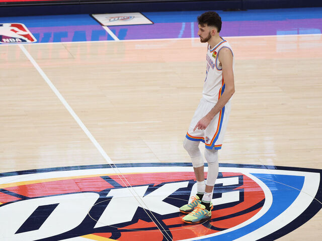 OKLAHOMA CITY, OK - JUNE 16: Chet Holmgren #7 of the Oklahoma City Thunder looks on during the game against the Indiana Pacers during Game 5 of the 2025 NBA Finals on June 16, 2025 at Paycom Center in Oklahoma City, Oklahoma. Mandatory Copyright Notice: Copyright 2025 NBAE