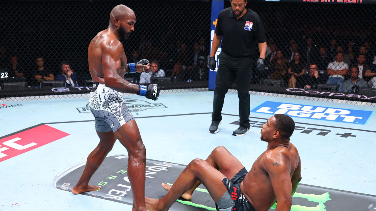 BAKU, AZERBAIJAN - JUNE 21: (L-R) Khalil Rountree Jr. knocks down Jamahal Hill in their light heavyweight fight during the UFC Fight Night event at Baku Crystal Hall on June 21, 2025 in Baku, Azerbaijan.