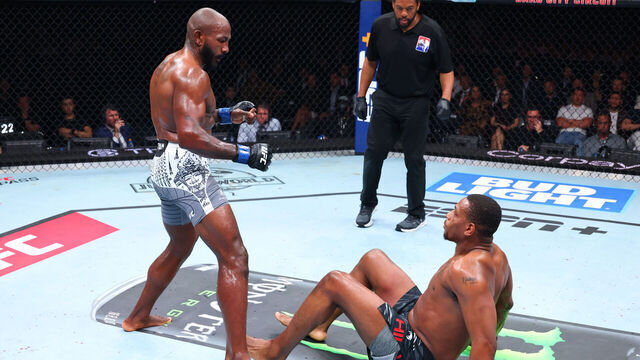 BAKU, AZERBAIJAN - JUNE 21: (L-R) Khalil Rountree Jr. knocks down Jamahal Hill in their light heavyweight fight during the UFC Fight Night event at Baku Crystal Hall on June 21, 2025 in Baku, Azerbaijan.