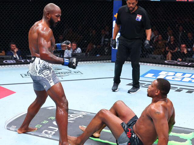 BAKU, AZERBAIJAN - JUNE 21: (L-R) Khalil Rountree Jr. knocks down Jamahal Hill in their light heavyweight fight during the UFC Fight Night event at Baku Crystal Hall on June 21, 2025 in Baku, Azerbaijan.