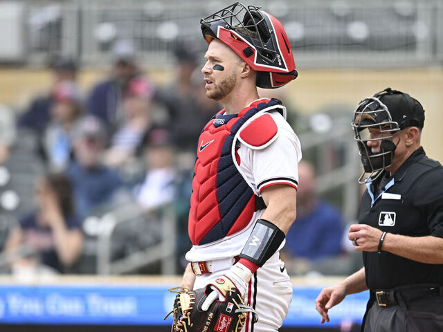 MINNEAPOLIS, MINNESOTA - JUNE 12: Ryan Jeffers #27 of the Minnesota Twins looks on against the Texas Rangers in the first inning of the game at Target Field on June 12, 2025 in Minneapolis, Minnesota.