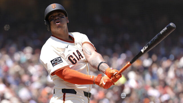 SAN FRANCISCO, CALIFORNIA - JUNE 21: Rafael Devers #16 of the San Francisco Giants reacts after fouling off a pitch against the Boston Red Sox in the bottom of the fifth inning at Oracle Park on June 21, 2025 in San Francisco, California.
