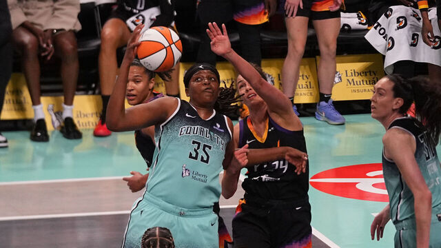 BROOKLYN, NY - JUNE 19: New York Liberty Center Jonquel Jones (35) and Phoenix Mercury Forward Kathrun Westbeld (24) battle for the ball during the first half of the Women National Basketball Association game between the Phoenix Mercury and the New York Liberty on June 19, 2025, at the Barclays Center in Brooklyn, NY.