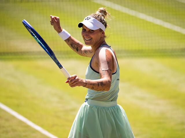 BERLIN, GERMANY - JUNE 21: Marketa Vondrousova of the Czech Republic reacts to defeating Aryna Sabalenka in the semi-final on Day 6 of the Berlin Tennis Open by Hylo at LTTC Rot-Weiß e.V. on June 21, 2025 in Berlin, Germany
