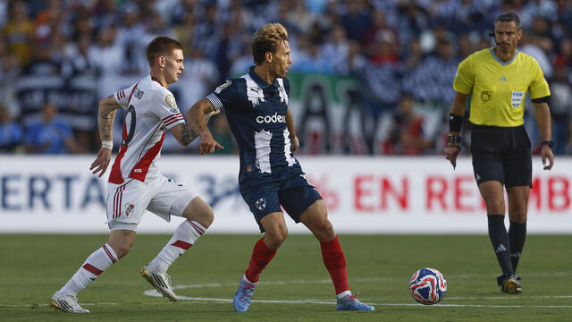 PASADENA, CALIFORNIA - JUNE 21: Franco Mastantuono (L) of River Plate and Sergio Canales (R) of Monterrey compete for the ball during the FIFA Club World Cup 2025 group E match between CA River Plate and CF Monterrey at Rose Bowl Stadium on June 21, 2025 in Pasadena, California.