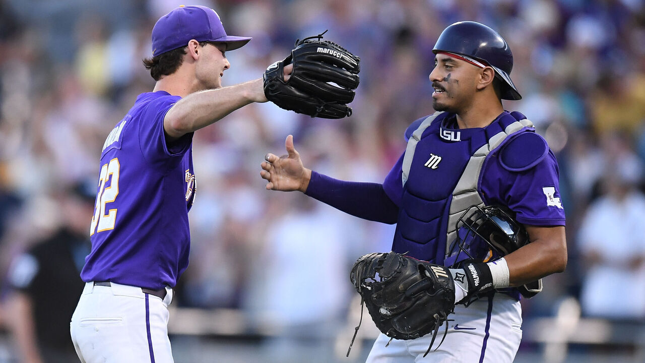 OMAHA, NEBRASKA - JUNE 21: Kade Anderson #32 of the LSU Tigers celebrates after throwing a complete game shut out against the Coastal Carolina Chanticleers to win game one of the Division I Baseball Championship held at Charles Schwab Field on June 21, 2025 in Omaha, Nebraska.
