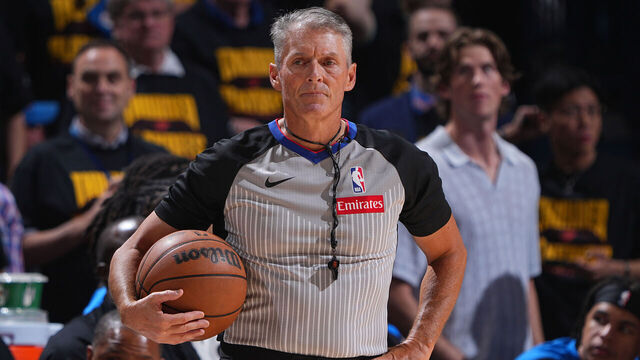 OKLAHOMA CITY, OK - MAY 7: NBA referee Scott Foster #48 looks on during the game between the Denver Nuggets and the Oklahoma City Thunder during Round 2 Game 2 of the 2025 NBA Playoffs on May 7, 2025 at Paycom Center in Oklahoma City, Oklahoma. Mandatory Copyright Notice: Copyright 2025 NBAE