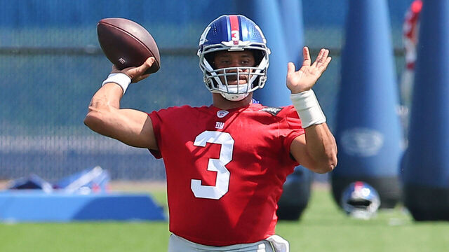 EAST RUTHERFORD, NJ- JUNE 12: Russell Wilson #3 of the New York Giants passes the football during New York Giants OTA practice on June 12, 2025 in East Rutherford, New Jersey.