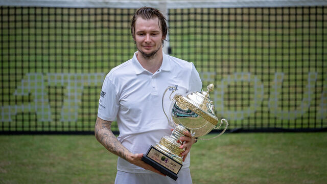 HALLE, GERMANY - JUNE 22: Alexander Bublik of Kazakhstan celebrates winning the final match against Daniil Medvedev of Russia during day nine of the Terra Wortmann Open 2025 at OWL-Arena on June 22, 2025 in Halle, Germany.