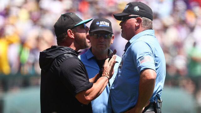 OMAHA, NEBRASKA - JUNE 22: Head coach Kevin Schnall of the Coastal Carolina Chanticleers reacts after being ejected against the LSU Tigers during the first inning during game two of the Division I Baseball Championship held at Charles Schwab Field on June 22, 2025 in Omaha, Nebraska.