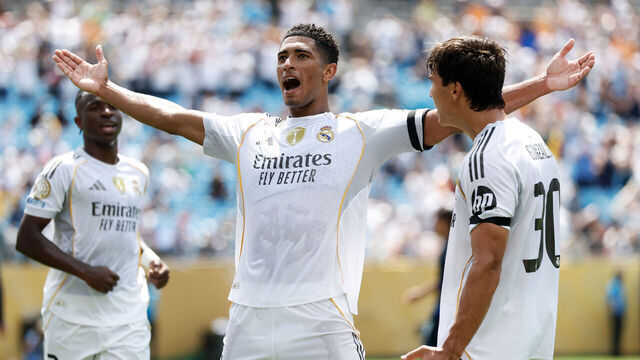 CHARLOTTE, NORTH CAROLINA - JUNE 22: Jude Bellingham #5 of Real Madrid C. F. celebrates scoring his team's first goal during the FIFA Club World Cup 2025 group H match between Real Madrid CF and CF Pachuca at Bank of America Stadium on June 22, 2025 in Charlotte, North Carolina.