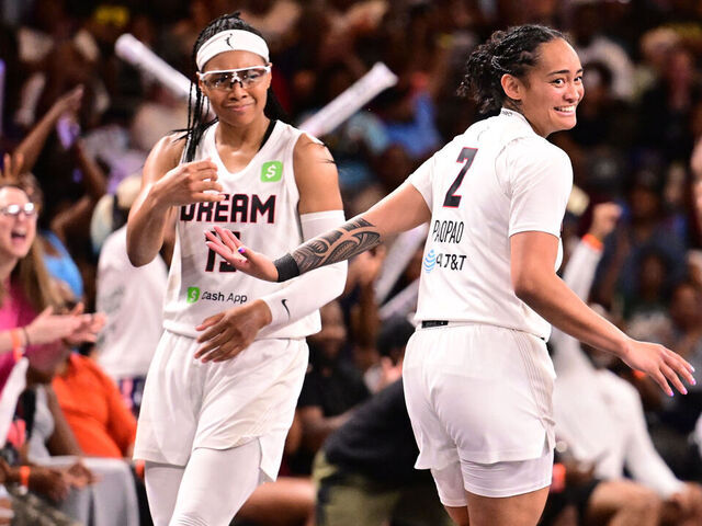 ATLANTA, GA - JUNE 22: Allisha Gray #15 and Te-Hina Paopao #2 of the Atlanta Dream celebrates during the game against the Chicago Sky on June 22, 2025 at Gateway Center Arena at College Park in Atlanta, Georgia. Mandatory Copyright Notice: Copyright 2025 NBAE