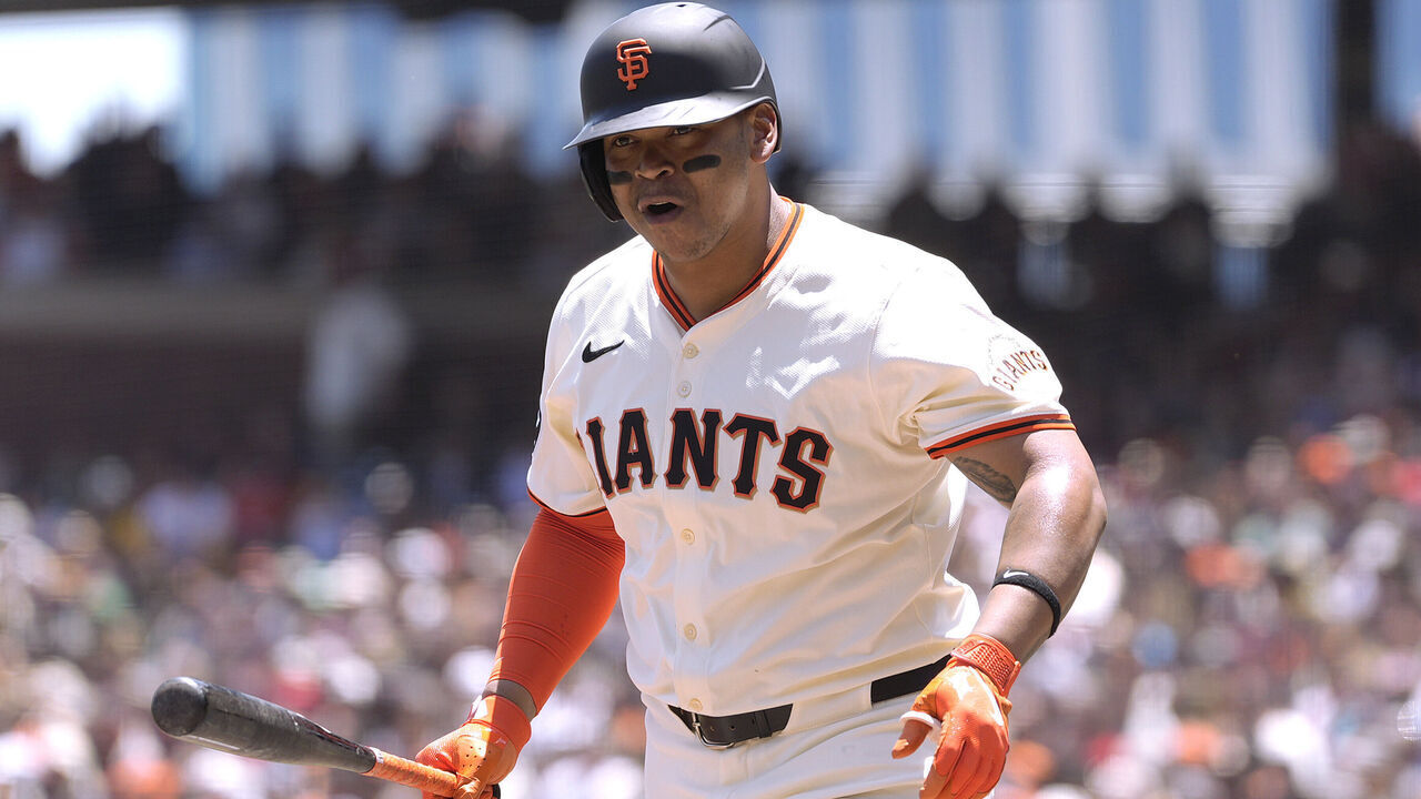 SAN FRANCISCO, CALIFORNIA - JUNE 22: Rafael Devers #16 of the San Francisco Giants reacts after striking out against the Boston Red Sox in the bottom of the first inning at Oracle Park on June 22, 2025 in San Francisco, California.