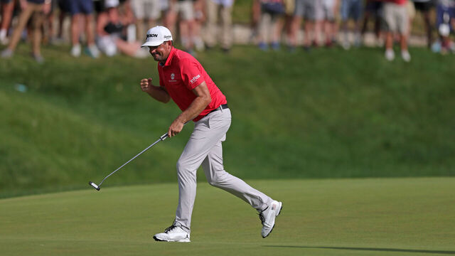 CROMWELL, CONNECTICUT - JUNE 22: Keegan Bradley of the United States reacts tp his birdie putt on the 15th green during the final round of the Travelers Championship 2025 at TPC River Highlands on June 22, 2025 in Cromwell, Connecticut.