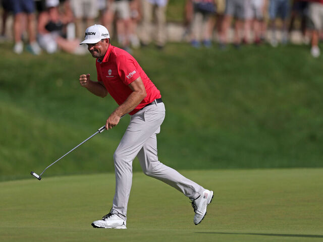 CROMWELL, CONNECTICUT - JUNE 22: Keegan Bradley of the United States reacts tp his birdie putt on the 15th green during the final round of the Travelers Championship 2025 at TPC River Highlands on June 22, 2025 in Cromwell, Connecticut.