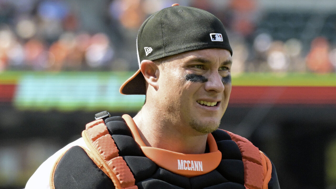 BALTIMORE, MD - JULY 28: Baltimore Orioles catcher James McCann (27) in action during the San Diego Padres versus the Baltimore Orioles on July 28, 2024 at Oriole Park at Camden Yards in Baltimore, MD.