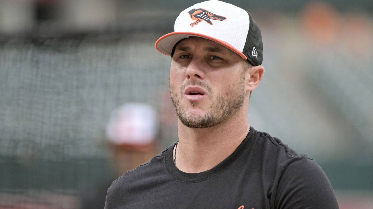 BALTIMORE, MD - OCTOBER 02: Baltimore Orioles catcher James McCann (27) walks off the field after batting practice prior to the Wild Card Playoff game between the Kansas City Royals versus the Baltimore Orioles on October 2, 2024 at Oriole Park at Camden Yards in Baltimore, MD.
