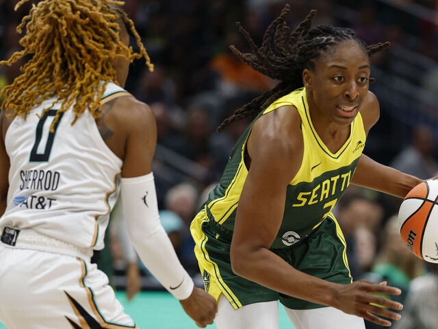 SEATTLE, WASHINGTON - JUNE 22: Nneka Ogwumike #3 of the Seattle Storm dribbles against Jaylyn Sherrod #0 of the New York Liberty during the third quarter of the game at Climate Pledge Arena on June 22, 2025 in Seattle, Washington. The Seattle Storm won 89-79.