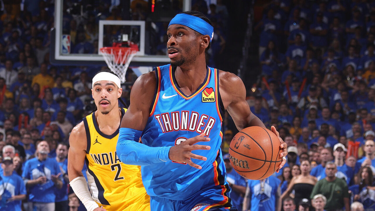 OKLAHOMA CITY, OK - JUNE 22: Shai Gilgeous-Alexander #2 of the Oklahoma City Thunder handles the ball during the game against the Indiana Pacers during Game Seven of the 2025 NBA Finals on June 22, 2025 at Paycom Center in Oklahoma City, Oklahoma. Mandatory Copyright Notice: Copyright 2025 NBAE