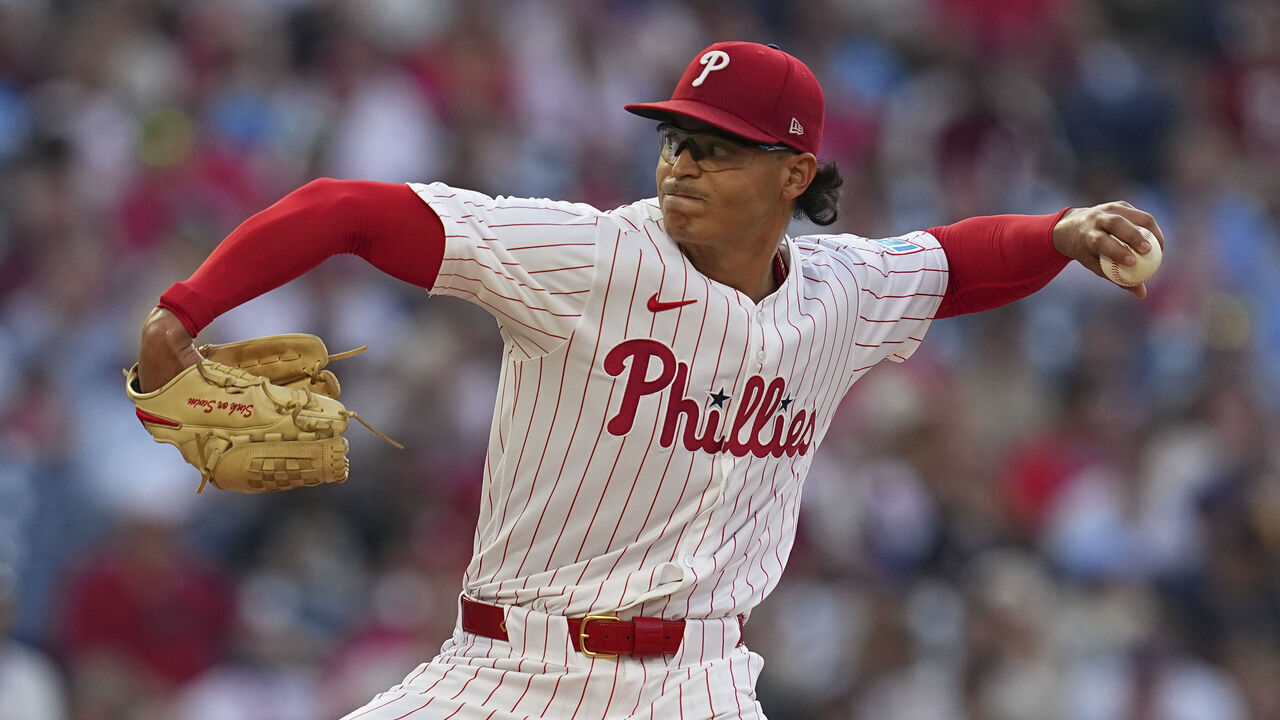 PHILADELPHIA, PENNSYLVANIA - JUNE 22: Jesús Luzardo #44 of the Philadelphia Phillies throws a pitch in the top of the first inning against the New York Mets at Citizens Bank Park on June 22, 2025 in Philadelphia, Pennsylvania.