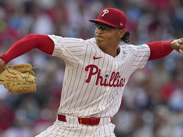 PHILADELPHIA, PENNSYLVANIA - JUNE 22: Jesús Luzardo #44 of the Philadelphia Phillies throws a pitch in the top of the first inning against the New York Mets at Citizens Bank Park on June 22, 2025 in Philadelphia, Pennsylvania.