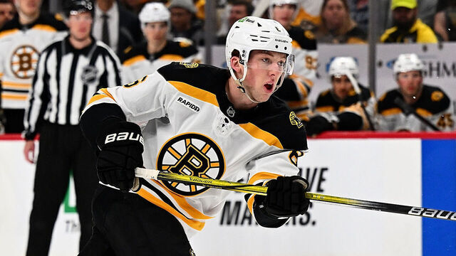 PITTSBURGH, PA - APRIL 13: Mason Lohrei #6 of the Boston Bruins skates during the game against the Pittsburgh Penguins at PPG PAINTS Arena on April 13, 2025 in Pittsburgh, Pennsylvania.