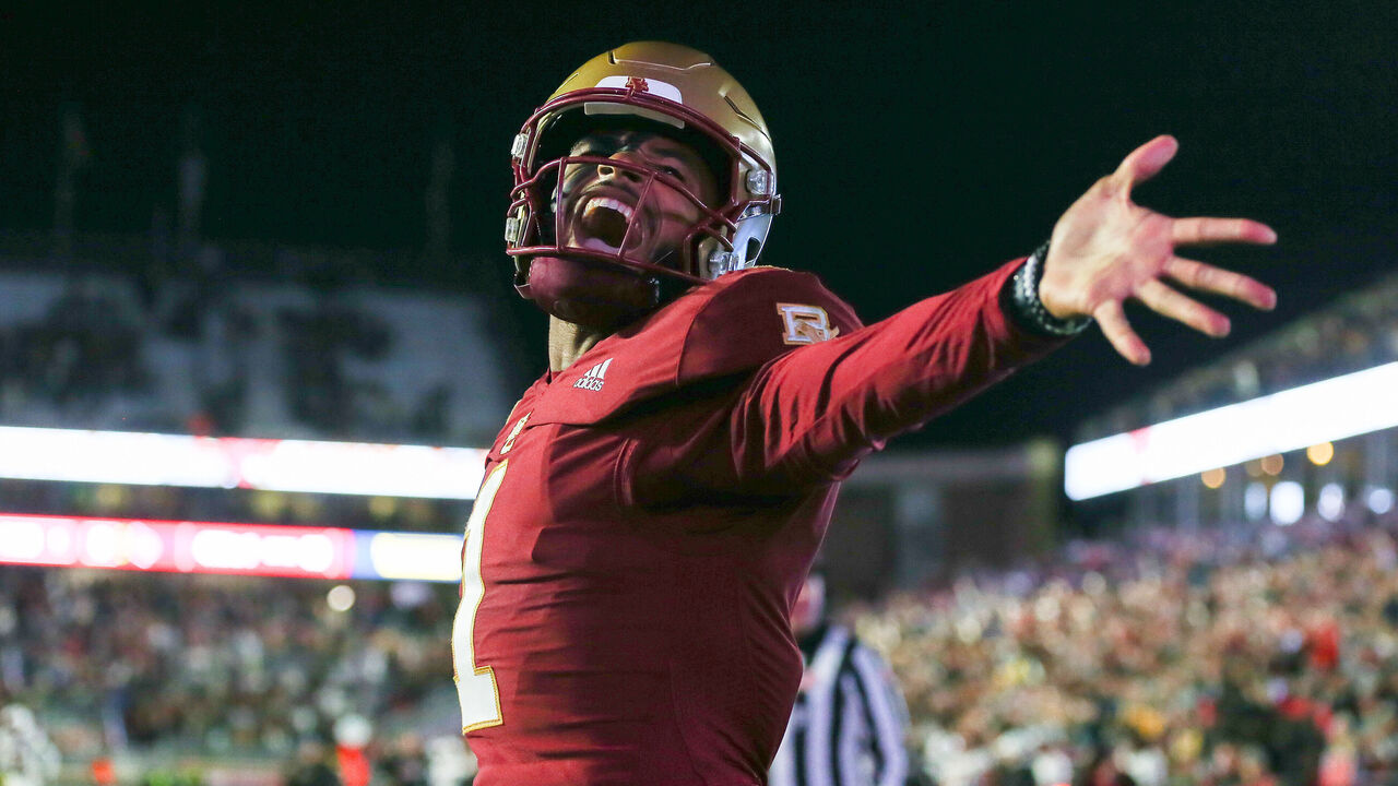 CHESTNUT HILL, MA - OCTOBER 25: Boston College Eagles quarterback Thomas Castellanos (1) reacts after a touchdown during a college football game between Louisville Cardinals and Boston College Eagles on October 25, 2024, at Alumni Stadium in Chestnut Hill, MA.