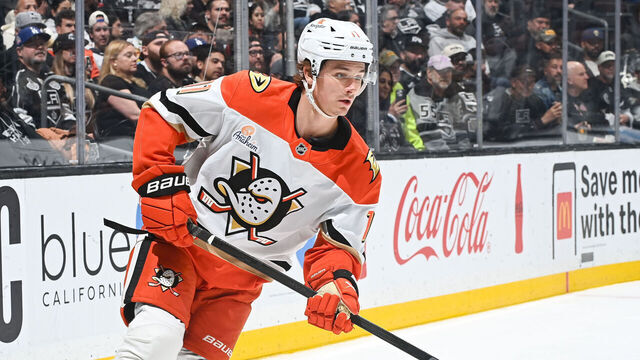 LOS ANGELES, CA - APRIL 10: Trevor Zegras #11 of the Anaheim Ducks looks on during the third period against the Los Angeles Kings at Crypto.com Arena on April 10, 2025 in Los Angeles, California.