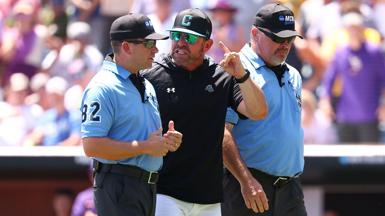 OMAHA, NEBRASKA - JUNE 22: Head coach Kevin Schnall of the Coastal Carolina Chanticleers reacts after being ejected against the LSU Tigers during the first inning during game two of the Division I Baseball Championship held at Charles Schwab Field on June 22, 2025 in Omaha, Nebraska.