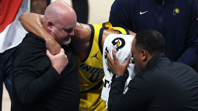OKLAHOMA CITY, OKLAHOMA - JUNE 22: Tyrese Haliburton #0 of the Indiana Pacers sustains an injury during the first quarter against the Oklahoma City Thunder in Game Seven of the 2025 NBA Finals at Paycom Center on June 22, 2025 in Oklahoma City, Oklahoma.