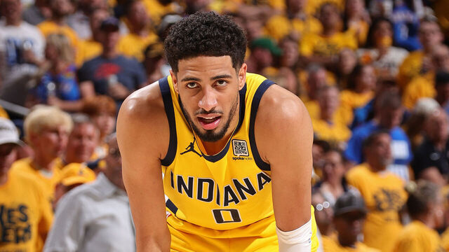 INDIANAPOLIS, IN - JUNE 19: Tyrese Haliburton #0 of the Indiana Pacers looks on during the game against the Oklahoma City Thunder during Game Six of the 2025 NBA Finals on June 19, 2025 at Gainbridge Fieldhouse in Indianapolis, Indiana. Mandatory Copyright Notice: Copyright 2025 NBAE