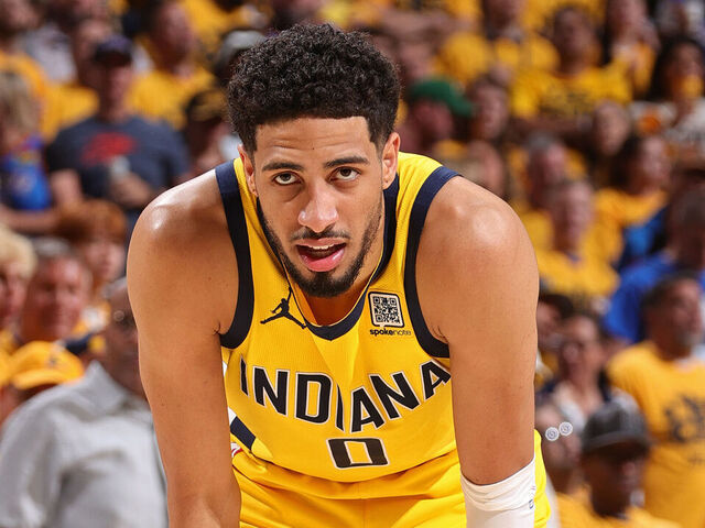 INDIANAPOLIS, IN - JUNE 19: Tyrese Haliburton #0 of the Indiana Pacers looks on during the game against the Oklahoma City Thunder during Game Six of the 2025 NBA Finals on June 19, 2025 at Gainbridge Fieldhouse in Indianapolis, Indiana. Mandatory Copyright Notice: Copyright 2025 NBAE