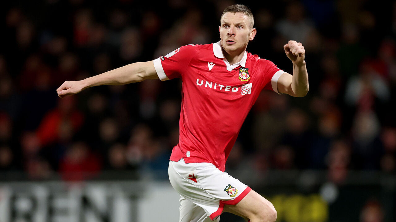 WREXHAM, WALES - JANUARY 28: Paul Mullin of Wrexham FC during the Sky Bet League One match between Wrexham AFC and Stevenage FC at Racecourse Ground on January 28, 2025 in Wrexham, Wales.
