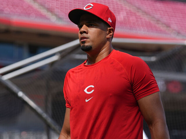 CINCINNATI, OHIO - APRIL 28: Jeimer Candelario #3 of the Cincinnati Reds during batting practice before the game against the St. Louis Cardinals at Great American Ball Park on April 28, 2025 in Cincinnati, Ohio.