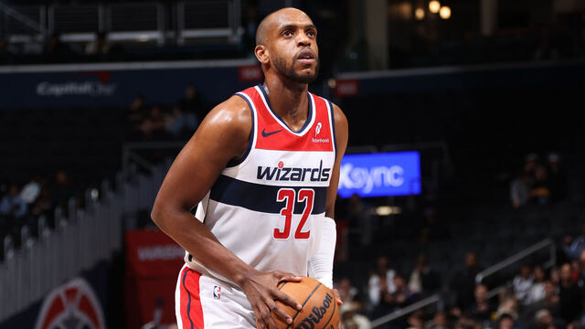 WASHINGTON, DC - MARCH 27: Khris Middleton #32 of the Washington Wizards shoots a free throw during the game against the Indiana Pacers on March 27, 2025 at Capital One Arena in Washington, DC. Mandatory Copyright Notice: Copyright 2025 NBAE