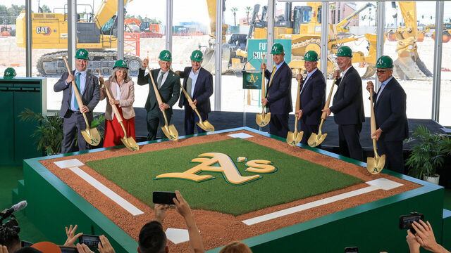 LAS VEGAS, NEVADA - JUNE 23: (L-R) Assembly Speaker Steve Yeager (D-Las Vegas), U.S. Rep. Dina Titus (D-NV) President Marc Badain of the Athletics, Major League Baseball Commissioner Rob Manfred, principal owner John Fisher of the Athletics, Nevada Gov. Joe Lombardo, Las Vegas Convention and Visitors Authority President and CEO Steve Hill and Clark County (Nev.) Commission Chairman Jim Gibson participate in a ceremonial groundbreaking for the USD 1.75 billion, 33,000-seat domed stadium for MLB's Athletics on June 23, 2025 in Las Vegas, Nevada. The ballpark is being built on nine acres of the 35-acre former site of the Tropicana Las Vegas, which was imploded in October 2024. The A's expect to have the ballpark ready for Opening Day in 2028.