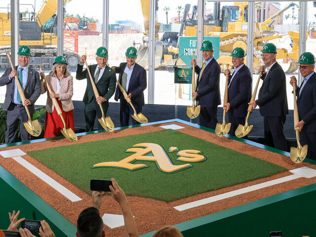 LAS VEGAS, NEVADA - JUNE 23: (L-R) Assembly Speaker Steve Yeager (D-Las Vegas), U.S. Rep. Dina Titus (D-NV) President Marc Badain of the Athletics, Major League Baseball Commissioner Rob Manfred, principal owner John Fisher of the Athletics, Nevada Gov. Joe Lombardo, Las Vegas Convention and Visitors Authority President and CEO Steve Hill and Clark County (Nev.) Commission Chairman Jim Gibson participate in a ceremonial groundbreaking for the USD 1.75 billion, 33,000-seat domed stadium for MLB's Athletics on June 23, 2025 in Las Vegas, Nevada. The ballpark is being built on nine acres of the 35-acre former site of the Tropicana Las Vegas, which was imploded in October 2024. The A's expect to have the ballpark ready for Opening Day in 2028.
