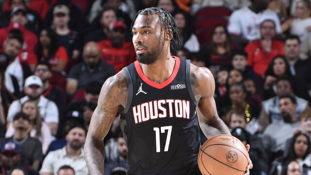 HOUSTON, TX - FEBRUARY 1: Tari Eason #17 of the Houston Rockets handles the ball during the game against the Brooklyn Nets on February 1, 2025 at the Toyota Center in Houston, Texas. Mandatory Copyright Notice: Copyright 2025 NBAE