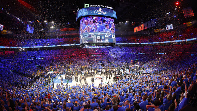 INDIANAPOLIS, IN - JUNE 22: The Oklahoma City Thunder fans celebrate wining the 2025 NBA Championship after the game against the Indiana Pacers during Game Seven of the 2025 NBA Finals on June 22, 2025 at Gainbridge Fieldhouse in Indianapolis, Indiana. Mandatory Copyright Notice: Copyright 2025 NBAE