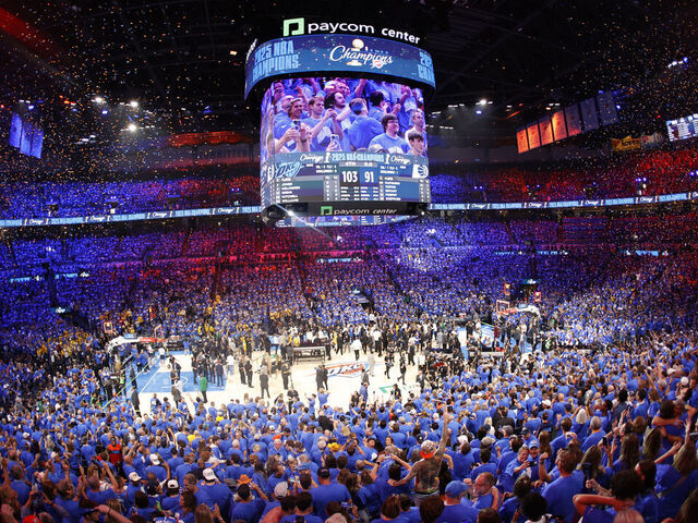 INDIANAPOLIS, IN - JUNE 22: The Oklahoma City Thunder fans celebrate wining the 2025 NBA Championship after the game against the Indiana Pacers during Game Seven of the 2025 NBA Finals on June 22, 2025 at Gainbridge Fieldhouse in Indianapolis, Indiana. Mandatory Copyright Notice: Copyright 2025 NBAE