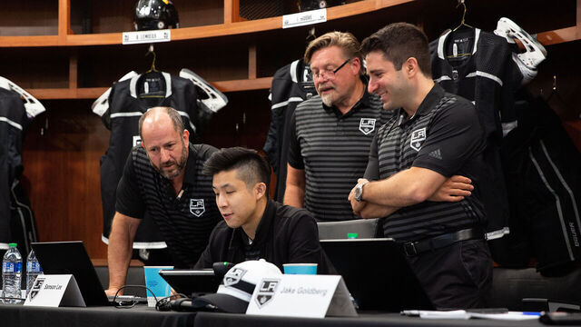 EL SEGUNDO, CA - JULY 24: (L-R) Director, Amateur Scouting, Mark Yannetti, Video Coordinator Samson Lee, Director, European Scouting, Christian Ruuttu and Senior Director, Hockey Operations, Jake Goldberg attend rounds 2-7 of the 2021 NHL Entry Draft at the Toyota Sports Performance Center on July 24, 2021 in El Segundo, California.