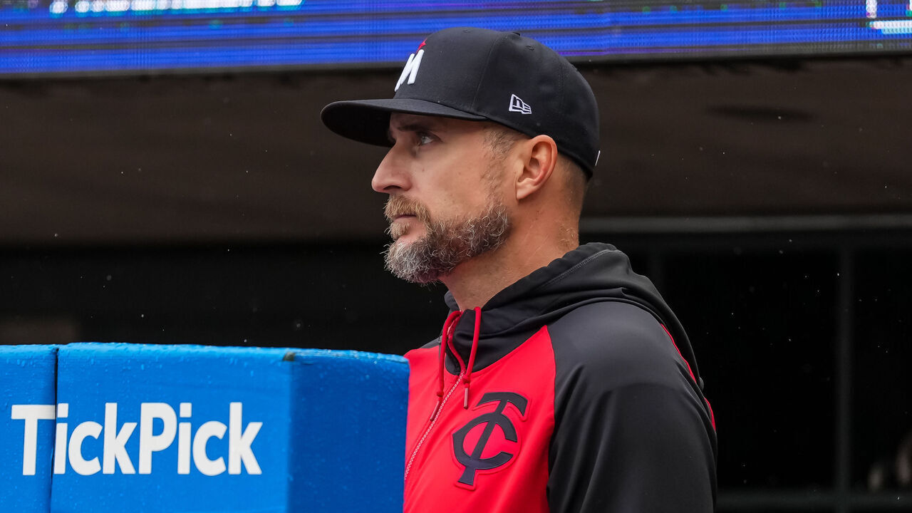 MINNEAPOLIS, MN - MAY 21: Manager Rocco Baldelli #5 of the Minnesota Twins looks on during the ninth inning against the Cleveland Guardians during game two of a doubleheader on May 21, 2025 at Target Field in Minneapolis, Minnesota.