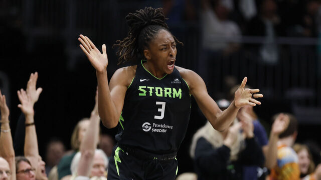 SEATTLE, WASHINGTON - JUNE 11: Nneka Ogwumike #3 of the Seattle Storm reacts during the game against the Minnesota Lynx at Climate Pledge Arena on June 11, 2025 in Seattle, Washington. The Seattle Storm won 94-84.