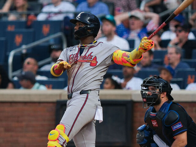 NEW YORK, NY - JUNE 23: Ronald Acuña Jr. #13 of the Atlanta Braves hits a solo home run in the third inning during the game between the Atlanta Braves and the New York Mets at Citi Field on Monday, June 23, 2025 in New York, New York.