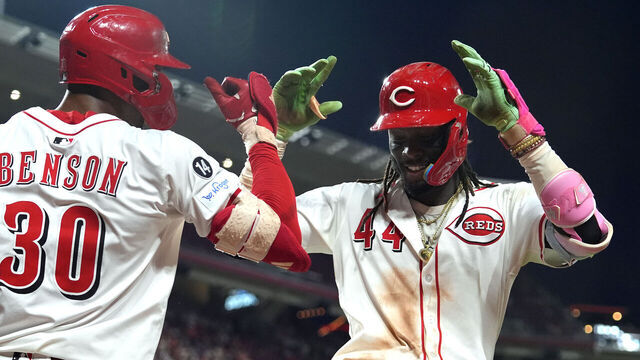 CINCINNATI, OHIO - JUNE 23: Elly De La Cruz #44 of the Cincinnati Reds celebrates a home run with Will Benson #30 of the Cincinnati Reds during the eighth inning against the New York Yankees at Great American Ball Park on June 23, 2025 in Cincinnati, Ohio.